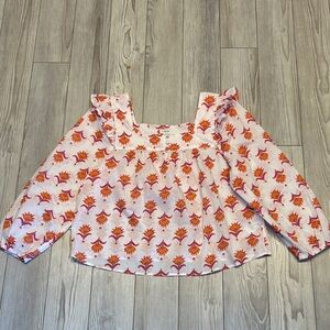 J. Crew Floral Square-Neck Peasant Top in White and Orange 3/4 SleeveSize XL